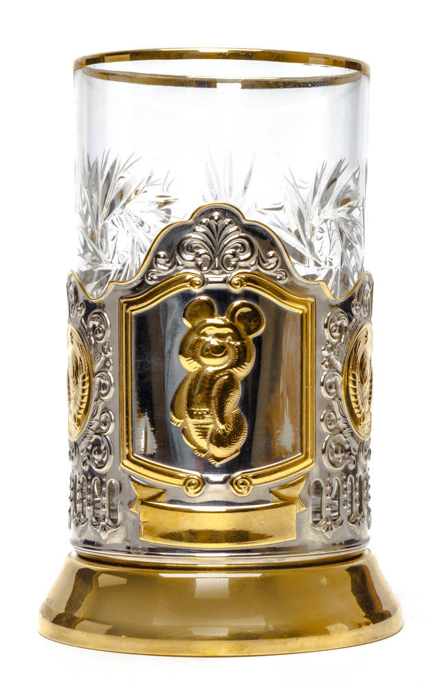 The Moscow Olympic 1980 Bear Gold Plated Brass Tea Glass Holder with Crystal Glass and Gold Plated Tea Spoon (by Kolchugino)
