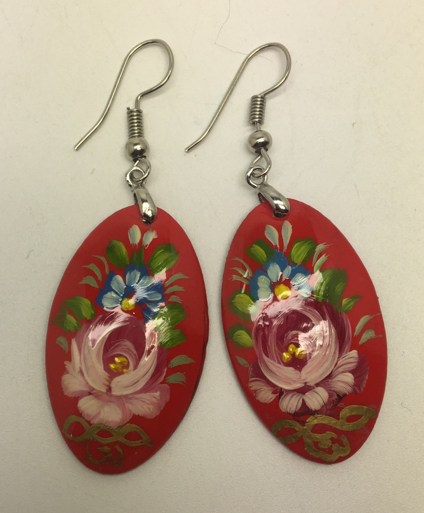 Zhostovo Red Oval hand painted papier-mache Earrings (by Lada Workshop)