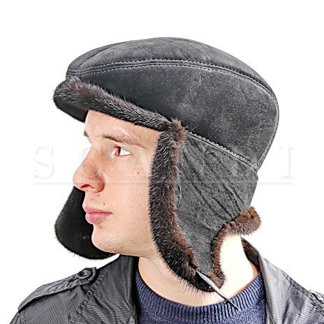 Black Suede Bugatti Cap with Ear flaps and Mink Fur (by Scandi Furs)
