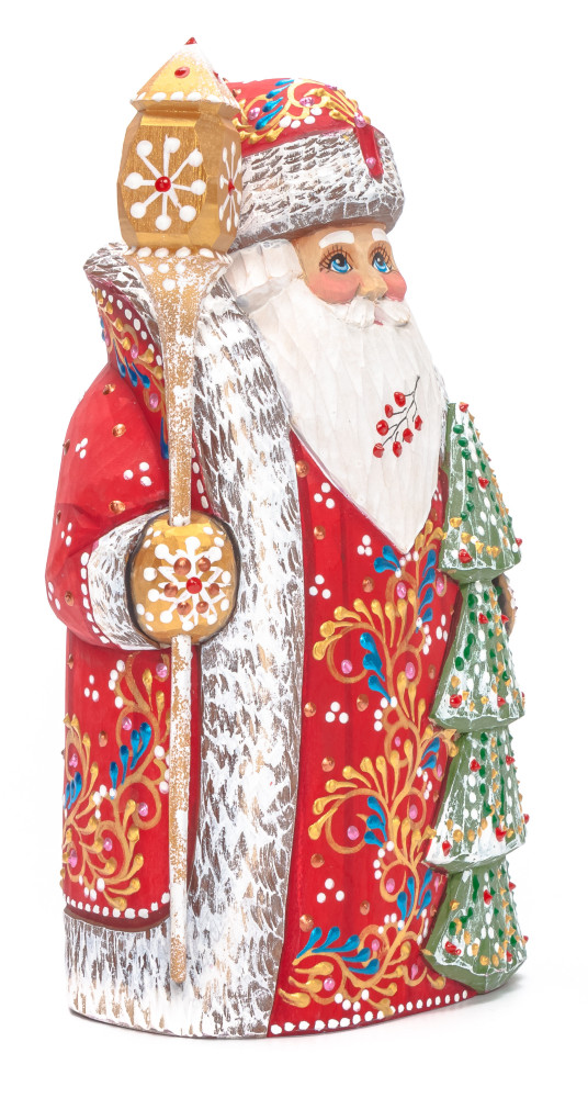 200 mm Santa with a Magic Staff and a Green Christmas Tree Carved Wood Hand Painted Collectible Figurine (by Natalia Nikitina Workshop)