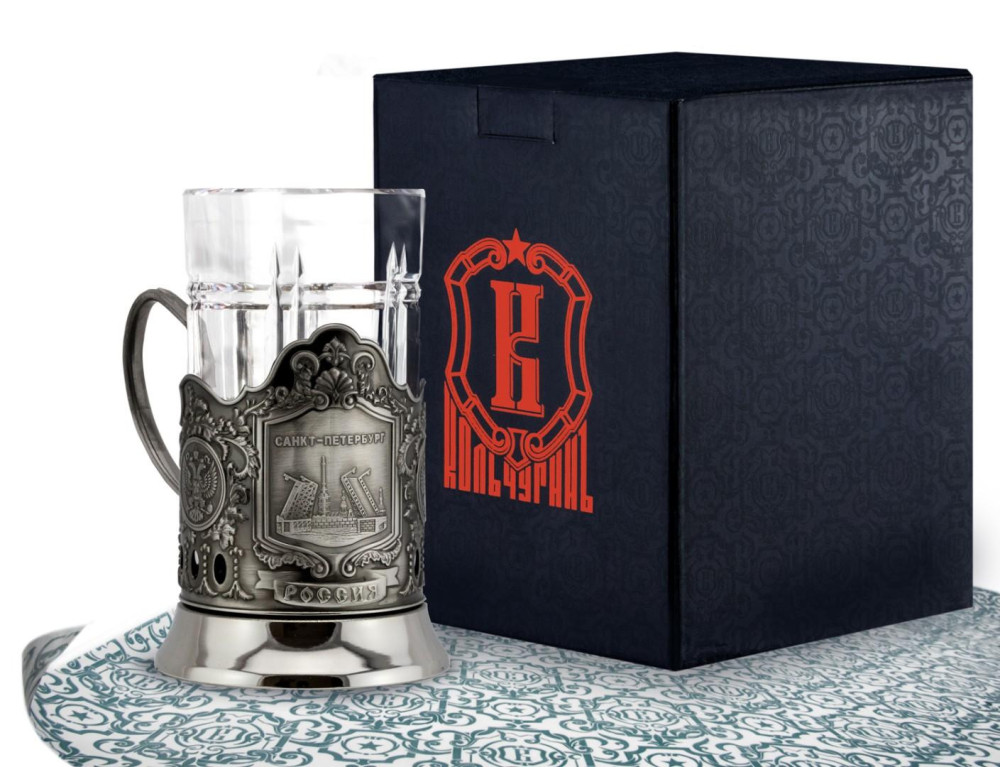Palace Bridge in Saint Petersburg Nickel Plated Brass Tea Glass Holder with Faceted Glass (by Kolchugino)
