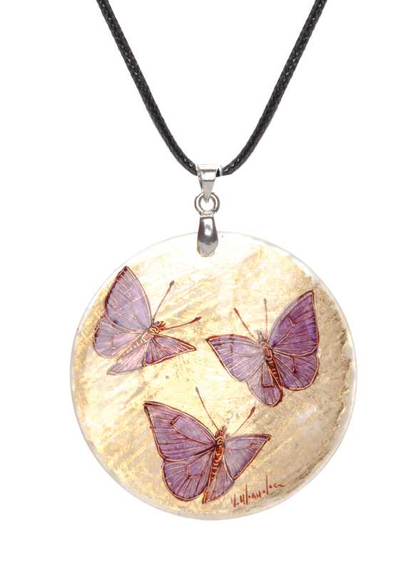  d40 mm Butterflies hand painted Nacre Pendant (by Tatiana Shkatulka Crafts)