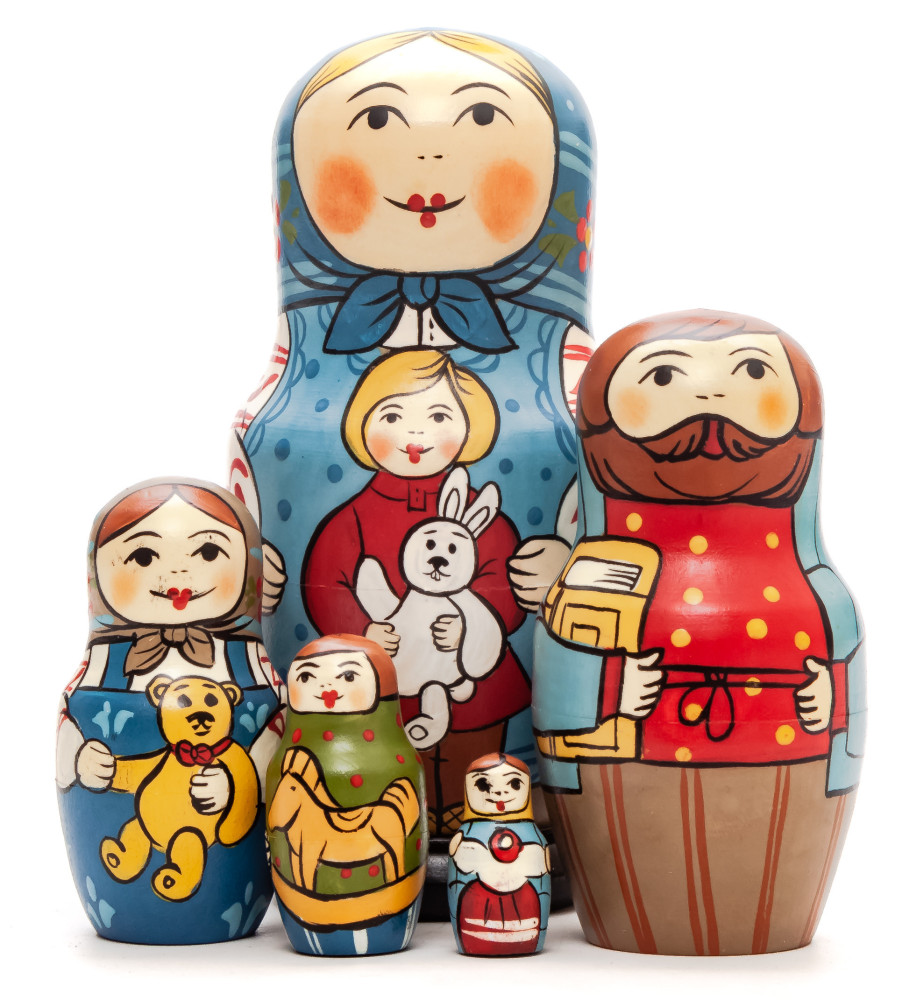  110 mm Mother with Daughter with Toy Hare hand painted Traditional Russian Wooden Matryoshka doll 5 pcs (by Igor Malyutin)