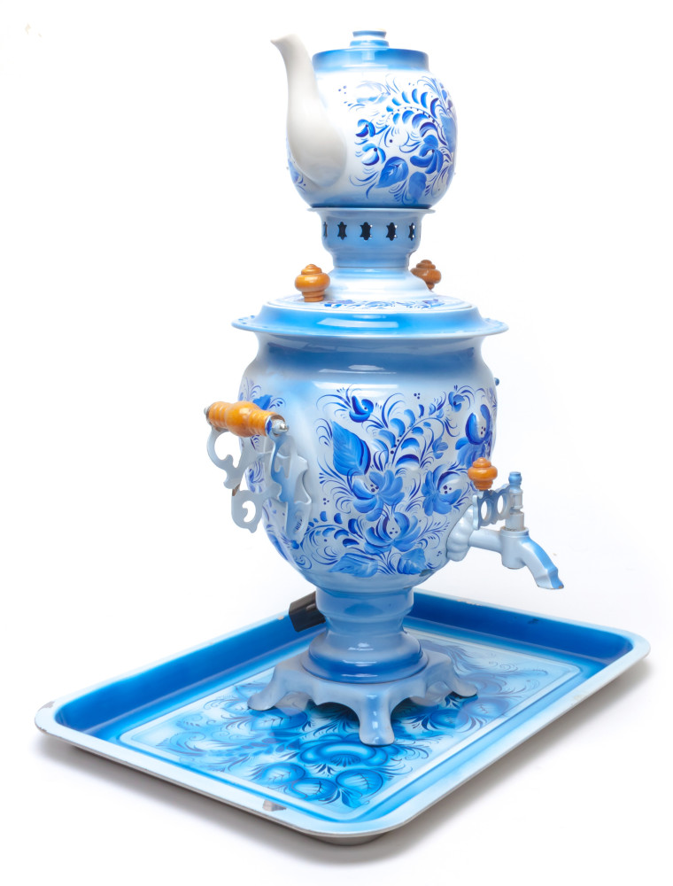 Gzhel Hand Painted Electric Samovar Kettle with Teapot and Tray