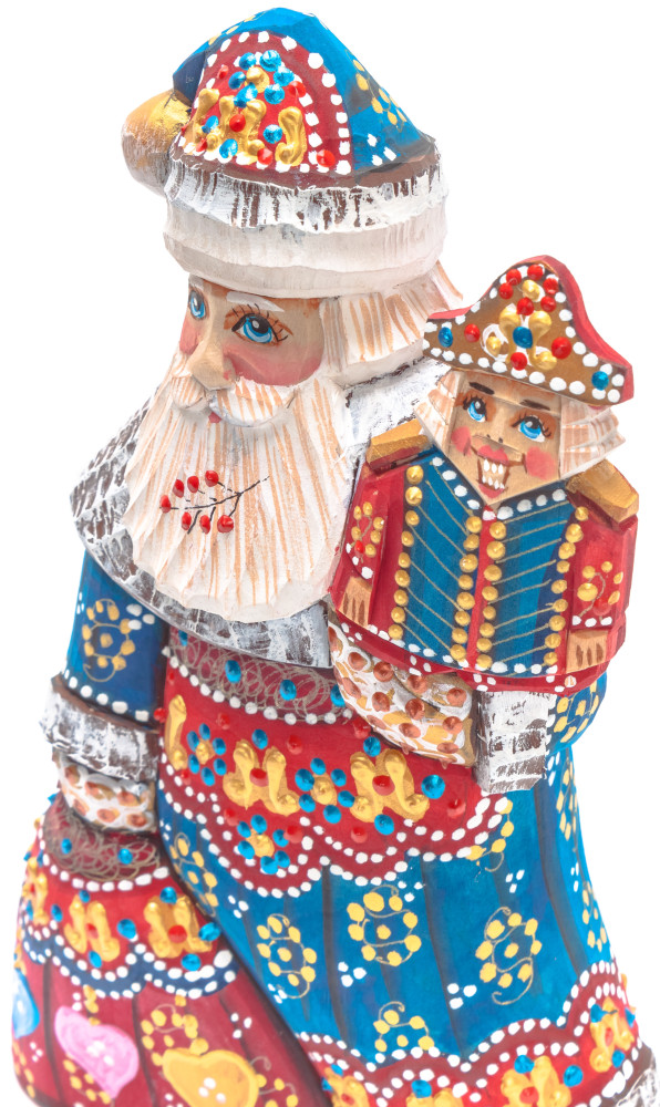 180 mm Santa with a Bag and a Nutcracker Carved Wood Hand Painted Collectible Figurine (by Natalia Nikitina Workshop)