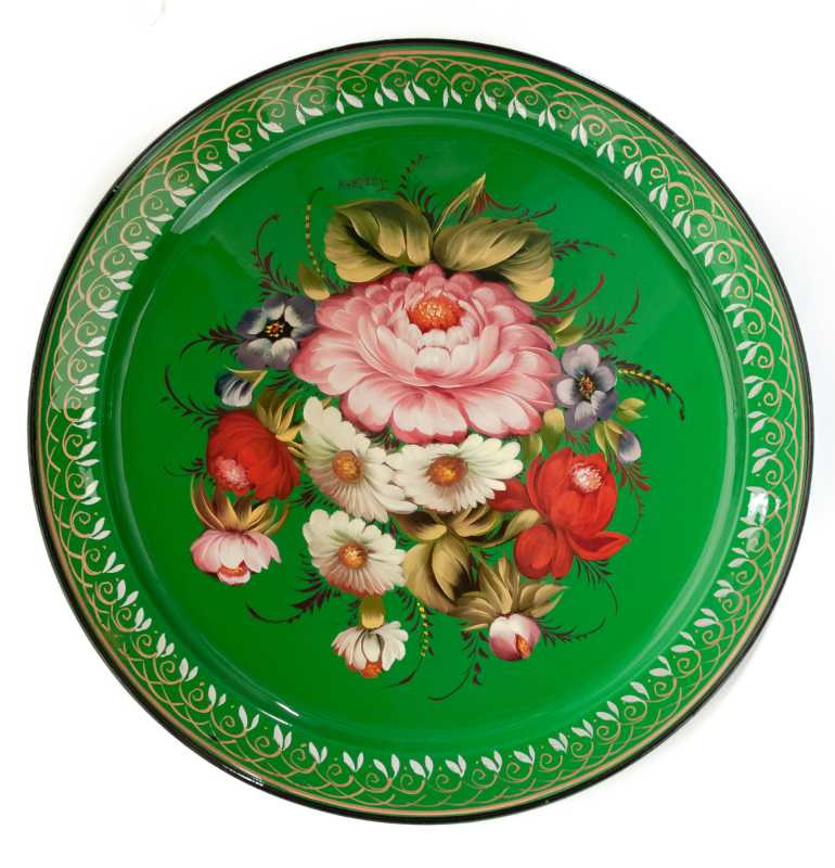 d 290 mm Zhostovo Patterns hand painted and lacquered by Golovina Metal Forged Tray (by Lada Crafts)