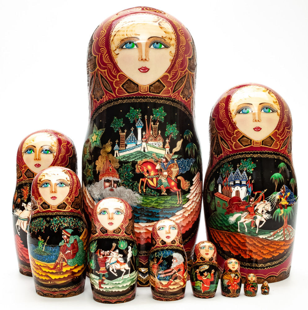 Shop Exclusive Nesting Dolls 260 mm Ruslan and Lyudmila hand painted on Wooden Matryoshka doll 5 pcs (by Trifinov Studio) online at Skazka.site | Eligible for fast shipping and free returns. 260 mm Ruslan and Lyudmila hand painted on Wooden Matryoshka doll 5 pcs (by Trifinov Studio)