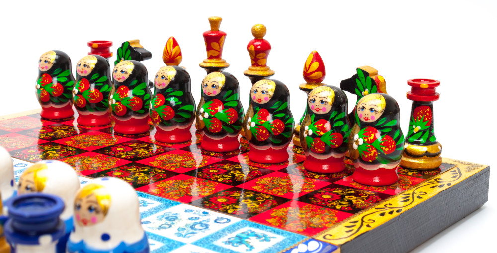 Khokhloma and Gzhel Hand Painted Chess Pieces on Wooden Chess Board