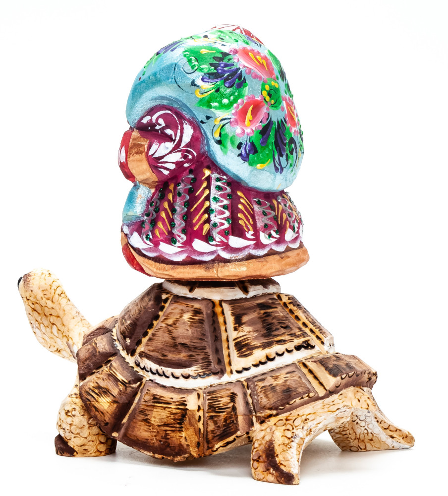140 mm Santa with a Bag Riding the Turtle handpainted Wooden Carved Statue (by Igor Carved Wooden Figures Studio)