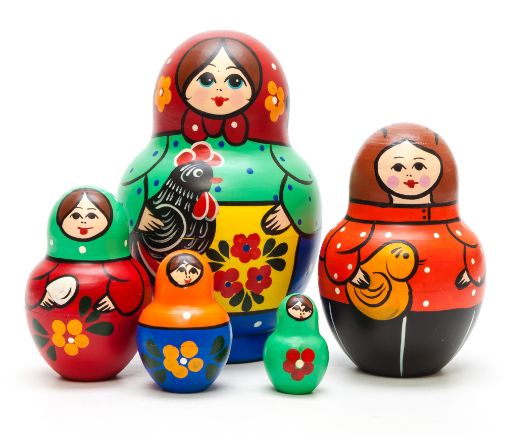 130 mm Maiden with Black Hen hand painted on Wooden Matryoshka round doll 5 pcs (by Skazka)