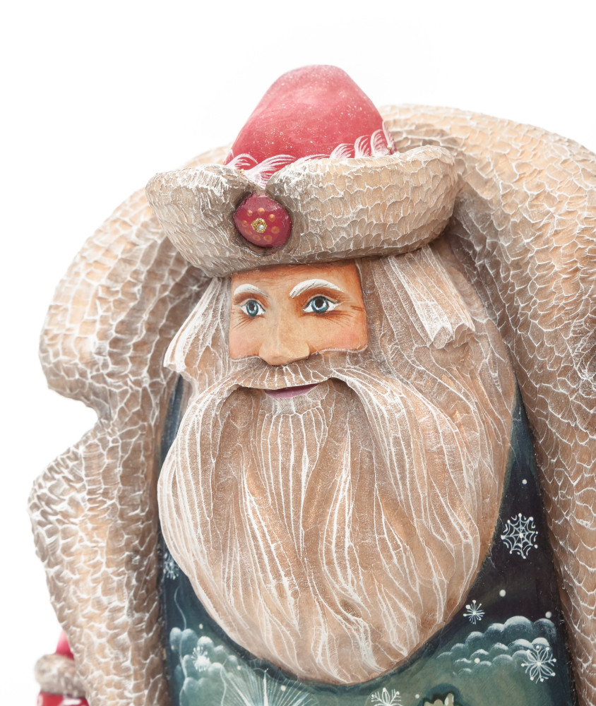 220 mm Santa with a Magic Staff and a Bag with hand painted Kids playing at the Green Christmas Tree Carved Wood Collectible Figurine (by Sergey Christmas Workshop)
