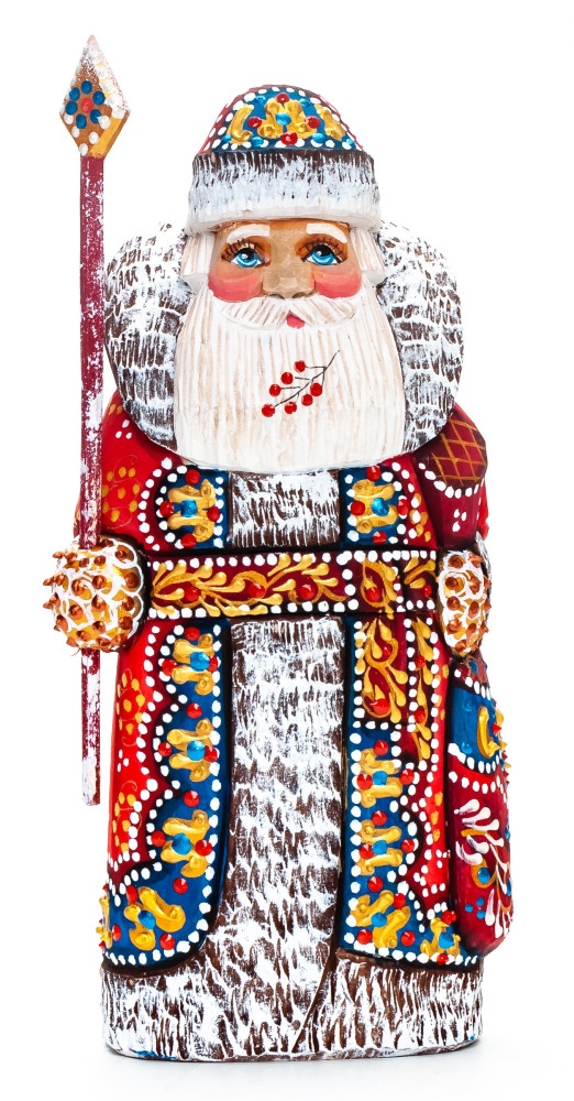 170 mm Santa with a Magic Staff and a Bag handpainted Wooden Carved Statue (by Natalia Nikitina Workshop)