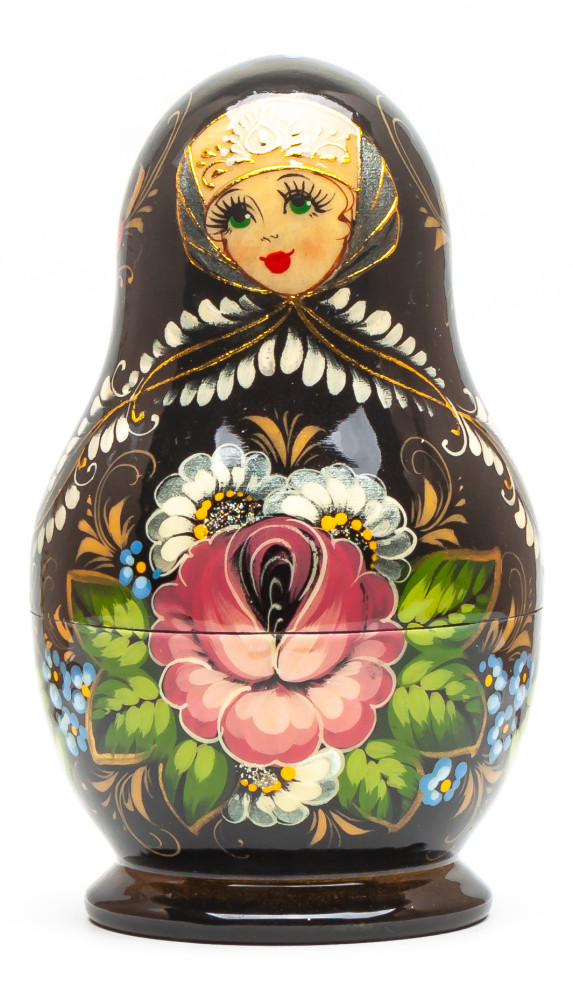 120 mm Black Flowers hand painted on Wooden Matryoshka doll 5 pcs (by Valeria Crafts)