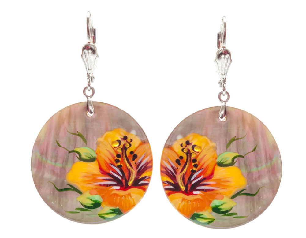 d30 mm Flower hand painted on Nacre Earrings (by Tatiana Shkatulka Crafts)