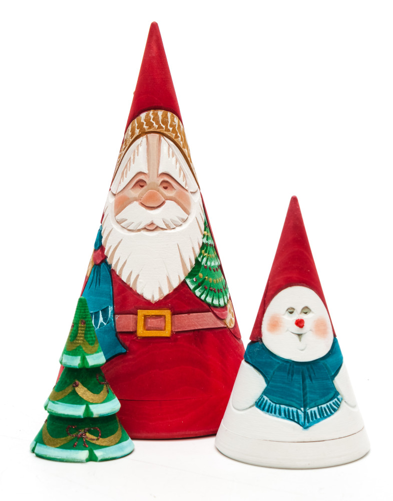 150 mm Santa Claus Hand Carved and Painted Matryoshka Pyramide shape 3 pcs inside (by Sergey Carved Wooden Dolls Studio)