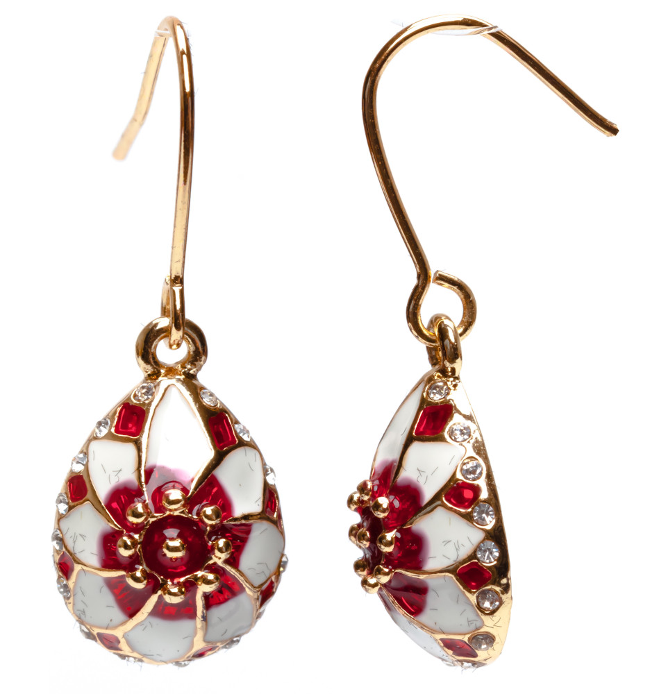 15x35 mm White and Red Flower Egg Shaped Earrings