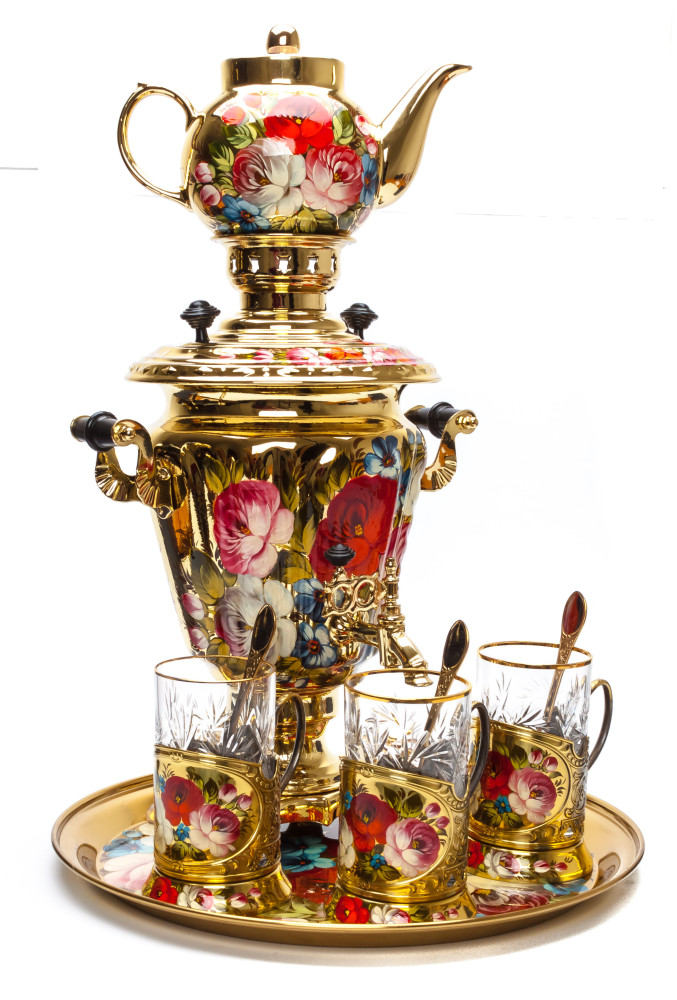 Zhostovo Flowers Electric Gold Samovar Kettle with 4 hand painted Brass Tea Glass Holders, Ceramic Teapot and metal Tray