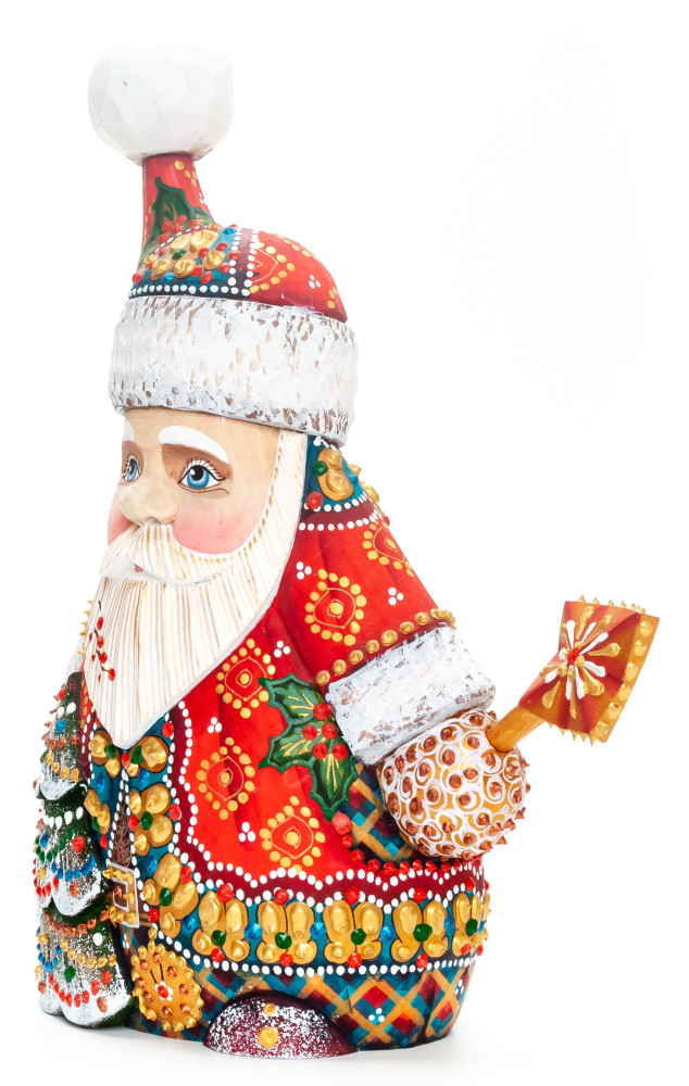 220 mm Santa with a Christmas Tree Carved Wood Hand Painted Collectible Figurine  (by Natalia Nikitina Workshop)