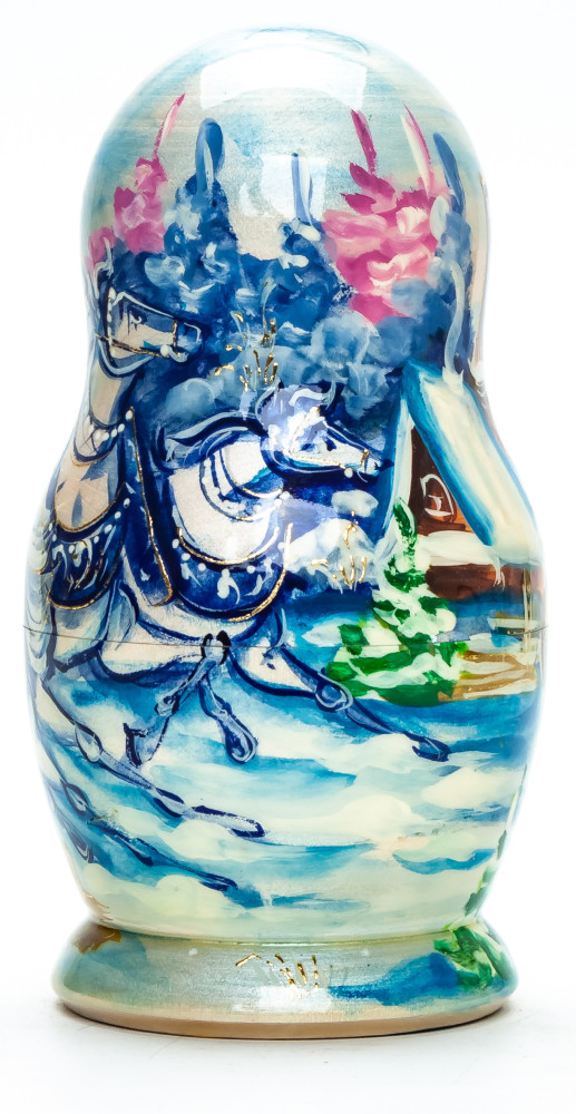 130 mm Santa Claus and Snowmaiden Princess riding Russian Troika hand painted wooden Matryoshka Doll 5 pcs (by Skazka)