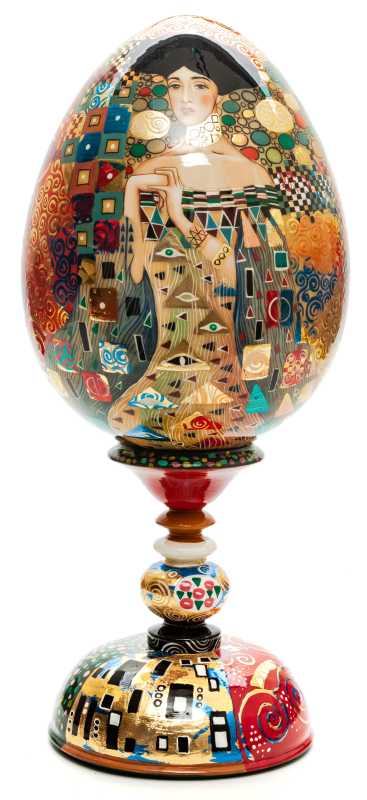 300 mm Portrait of Adele Bloch-Bauer I by Klimt hand painted on colored wooden Egg with standby (by Tatiana Crafts)