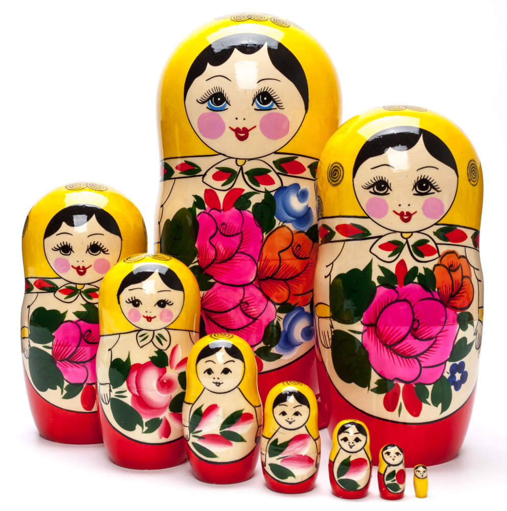 230 mm Yellow Head Semenovskaya handpainted wooden Matryoshka Doll 9 pcs (by Ivan Studio)