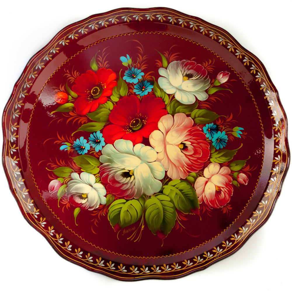 d 420 mm Zhostovo Patterns hand painted and lacquered by Lopatina Metal Forged Tray (by Lada Crafts)