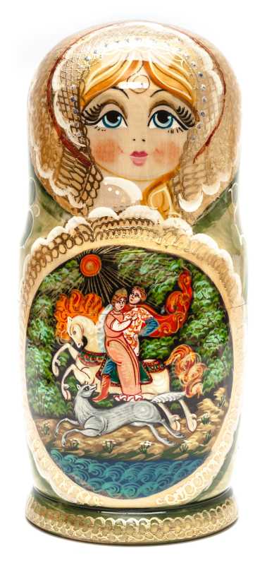 270 mm Ivan Tsarevitch and The Grey Wolf handpainted Wooden Matryoshka Doll 10 pcs (by Valery Crafts)