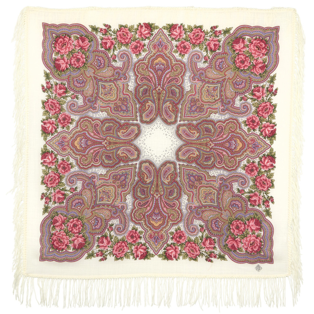 89x89 cm Kamarinskaya Woolen Shawl with Woolen Fringe Pavlovo Posad Manufactory
