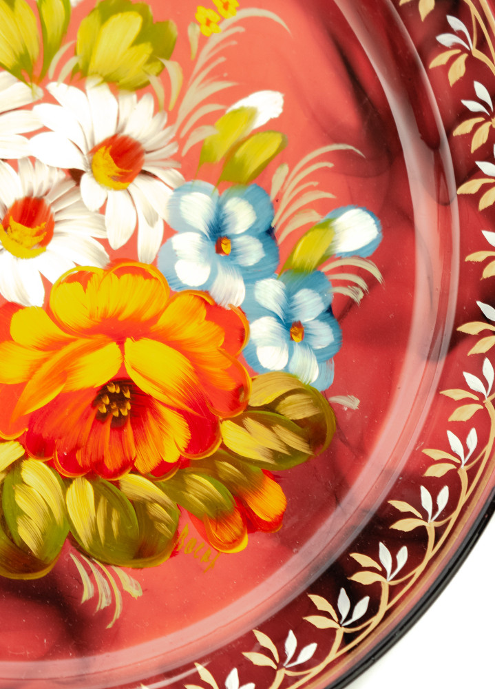 d 230 mm Zhostovo Patterns hand painted and lacquered Metal Forged Red Tray (by Lada Crafts)
