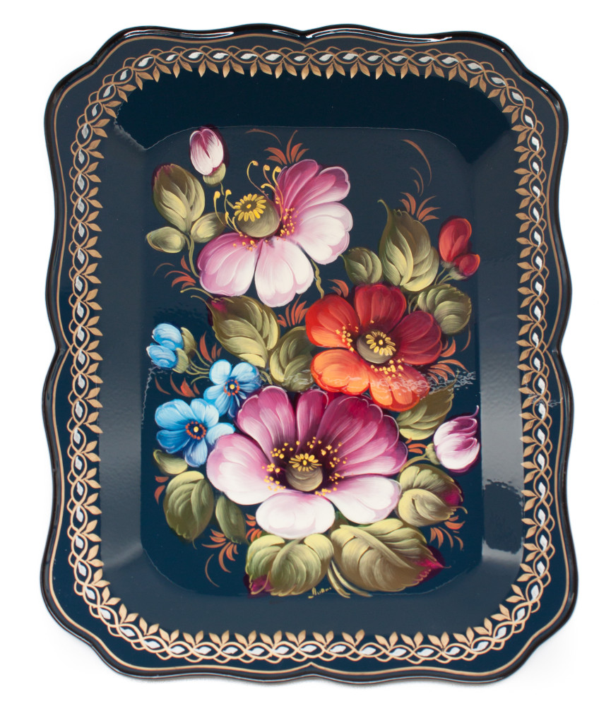 255x330 mm Zhostovo Patterns hand painted and lacquered by Lopatina Metal Forged Tray (by Lada Crafts)