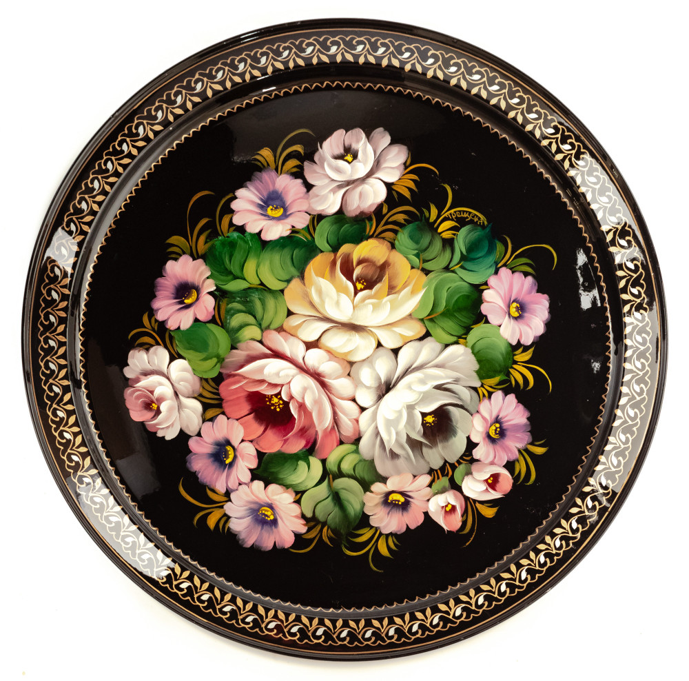 d 385 mm Zhostovo Patterns hand painted and lacquered by Trescheva Metal Forged Tray (by Lada Crafts)