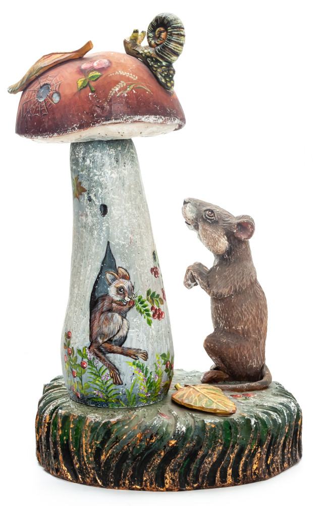 280 mm Mushroom and a Mouse hand painted Wooden Statue (by Karpova Nadezda)