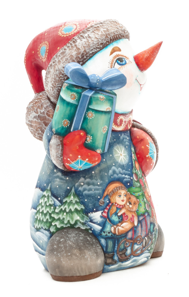 190 mm Snowman with hand painted Kids playing with a Toy Bear wooden figurine (by Sergey Christmas Workshop)