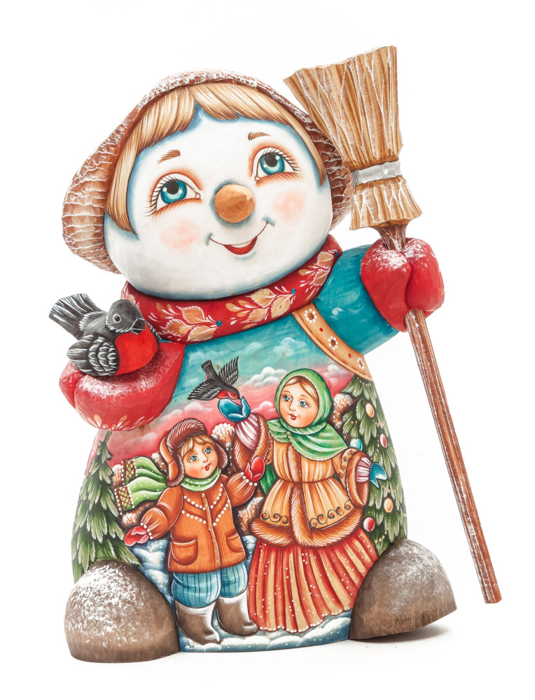 190 mm Snowman with hand painted Kids playing with a Bullfinch wooden figurine (by Sergey Christmas Workshop)