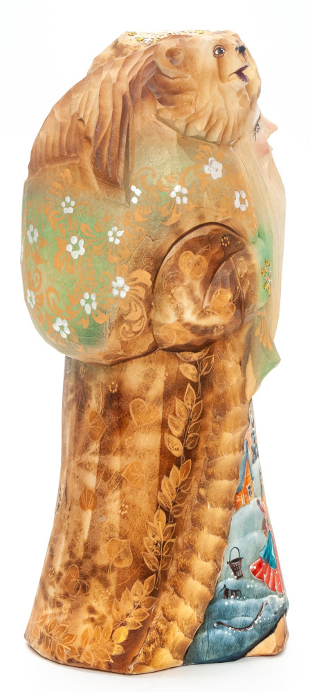 210 mm Santa with a Magic Staff and a Bear with handpainted Russian Troika Wooden Carved Statue (by Igor Carved Wooden Figures Studio)