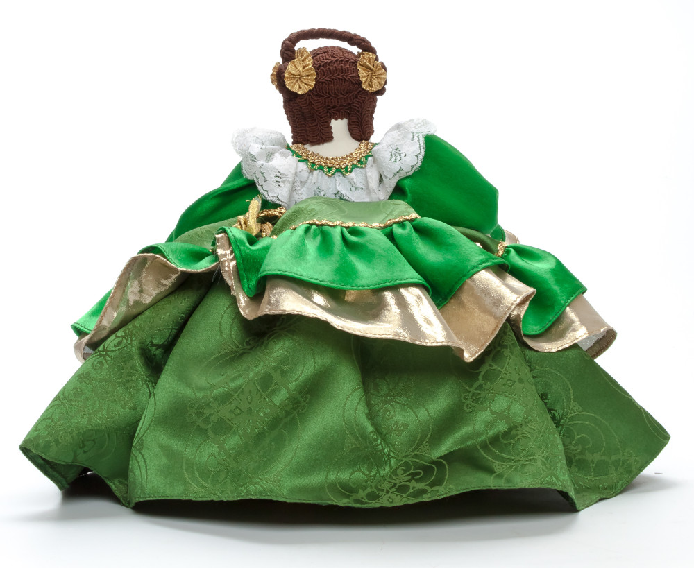 Young Lady in a Green Dress Kettle Porcelain Doll Warmer - 15 Inches