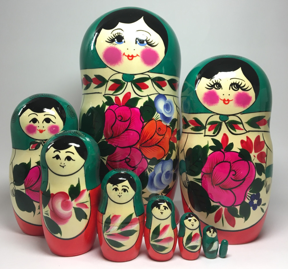 230 mm Green Semenovskaya hand painted Wooden Matryoshka Doll 9 pcs (by Ivan Studio)