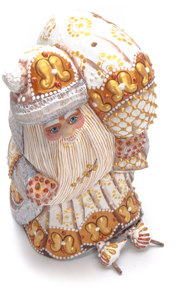 160 mm Santa with a Bag and Birds Carved Wood Hand Painted Collectible Figurine (by Natalia Nikitina Workshop)
