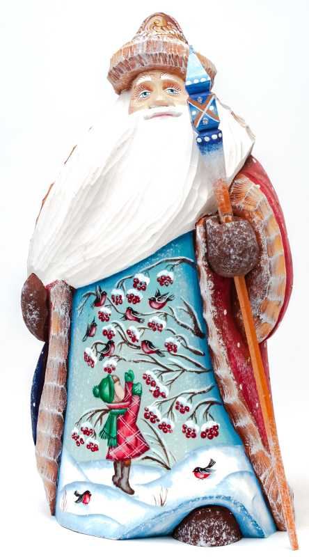 180 mm Santa Claus with picture Girl feeds Bullfinch hand painted wooden statue (by Sergey Christmas Workshop)