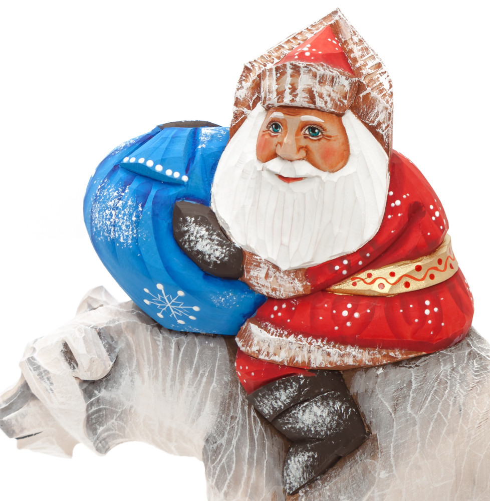 160 mm Santa with a Bag riding the Bear Carved Wood Hand Painted Collectible Figurine (by Sergey Christmas Workshop)