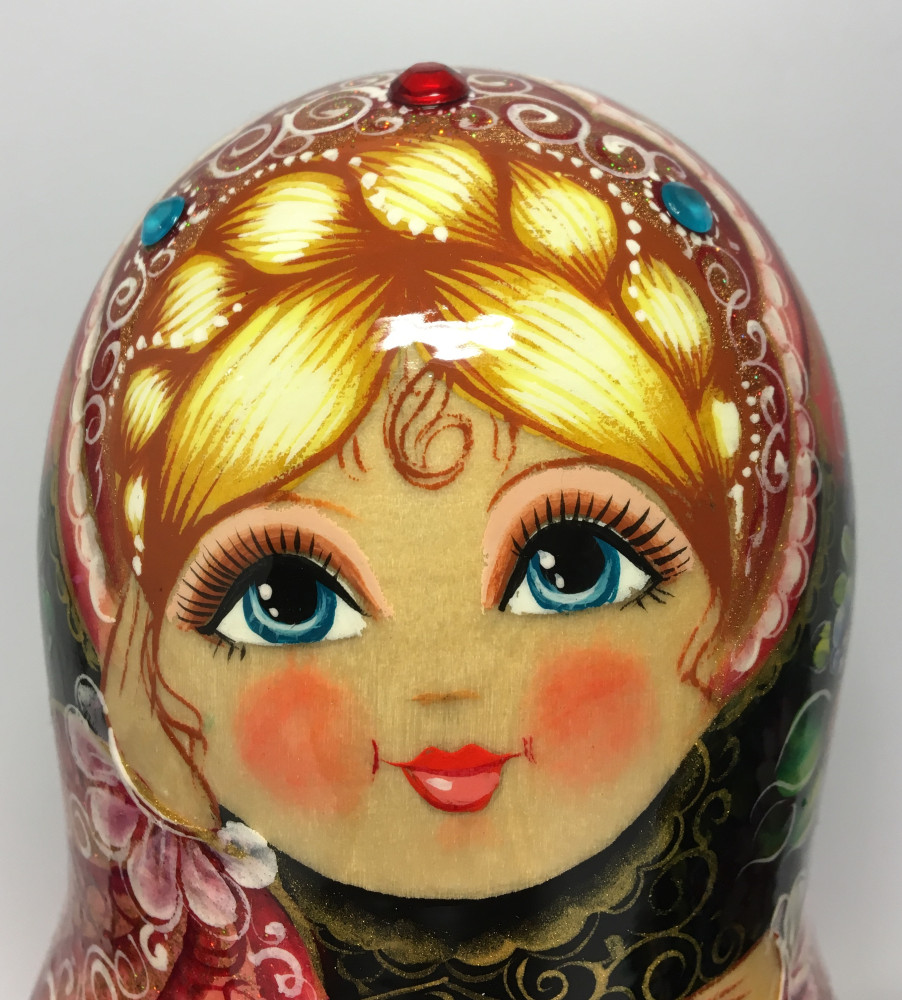230 mm Moscow Kremlin and Snt Basil Cathedral hand painted Matryoshka 5 pcs with Zhostovo ornaments on Scarves and Rhinestones (by Olga Zaitseva)