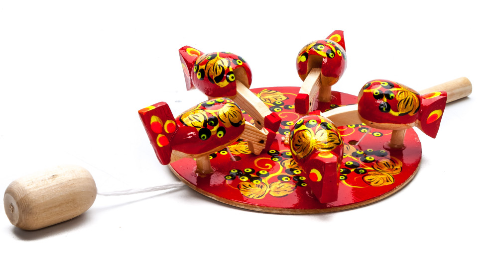 200x140 mm Pecking Chicken Hand Carved and Painted Russian Wooden Khokhloma Toy (by Bogorodskoe Studio)