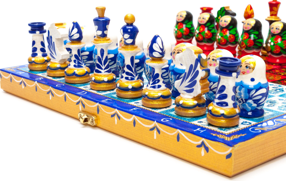 Khokhloma and Gzhel Hand Painted Chess Pieces on Wooden Chess Board
