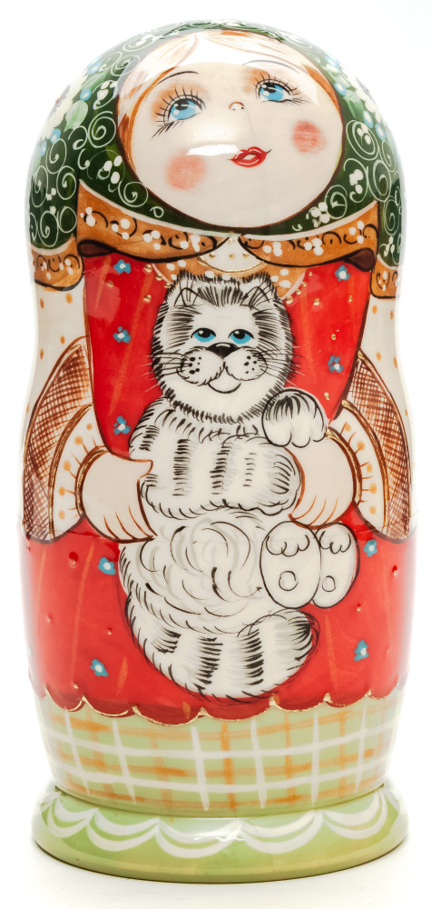 170 mm Russian Girl in Traditional Dress plays with Kitten hand painted wooden Matryoshka doll 5 pcs (by A Studio)