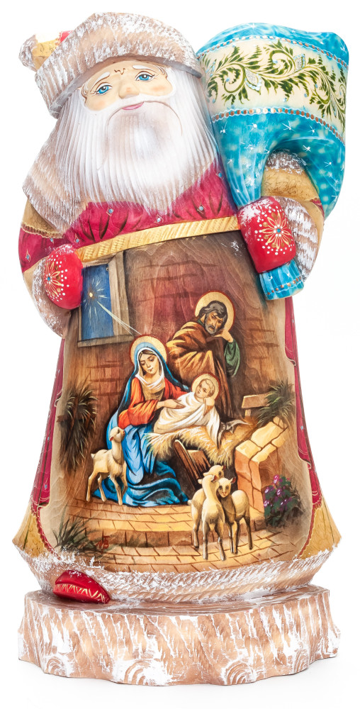 300 mm Nativity of Jesus Santa with a Christmas Bag Carved Wood Hand Painted Collectible Figurine  (by Natalia Nikitina Workshop)