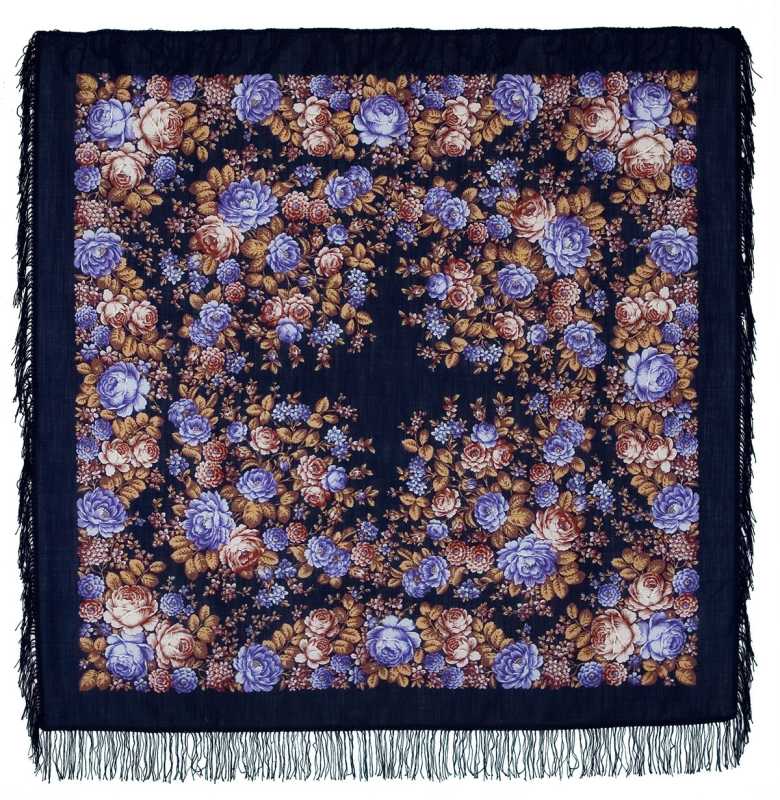 146x146 mm Flower Fairy Tale Woolen Shawl with Woolen Fringe Pavlovo Posad Manufactory