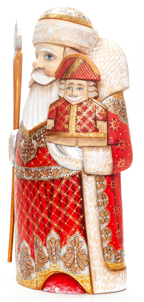 250 mm Santa with a Magic Staff and a Nutcracker Carved Wood Hand Painted Collectible Figurine  (by Natalia Nikitina Workshop)