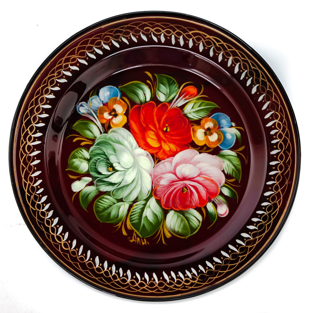  d 180 mm Zhostovo Patterns hand painted and lacquered Metal Forged Carmine Tray (by Lada Crafts)