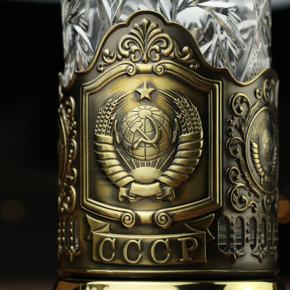USSR coat of arms pure brass tea glass holder with crystal glass