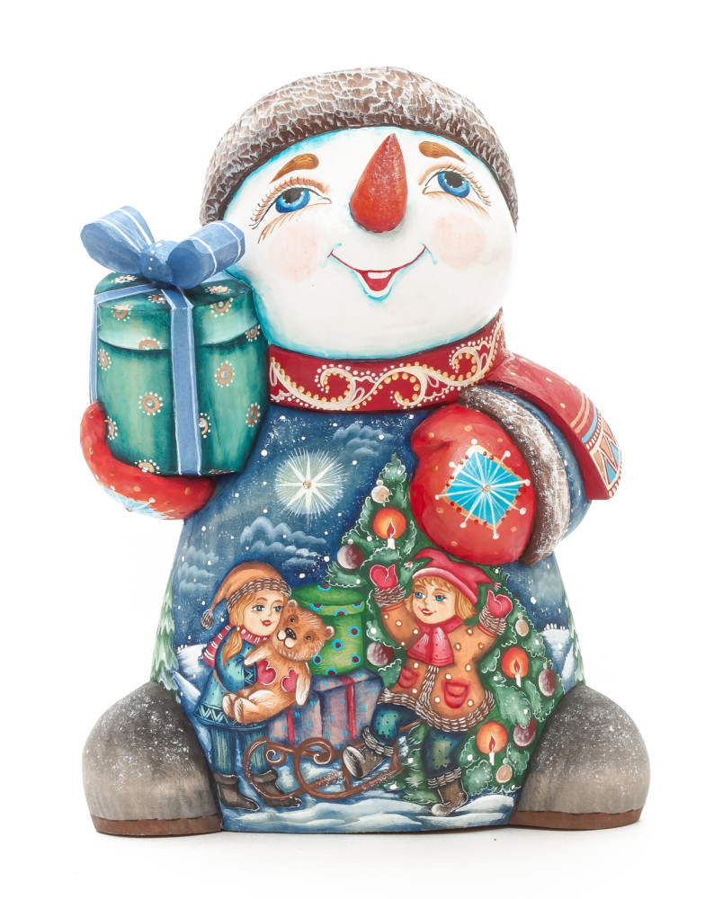 190 mm Snowman with hand painted Kids playing with a Toy Bear wooden figurine (by Sergey Christmas Workshop)